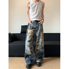 XZ-221-5/K8086/P58美式复古水洗做旧3D数码印花弯刀牛仔裤，男装牛仔裤，星座221-5