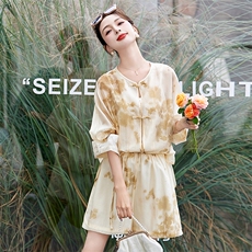 新中式印花雪纺凉快套装女2024夏季新款遮肚子漂亮时尚短裤两件套，女装套装/套裙，众宇琦