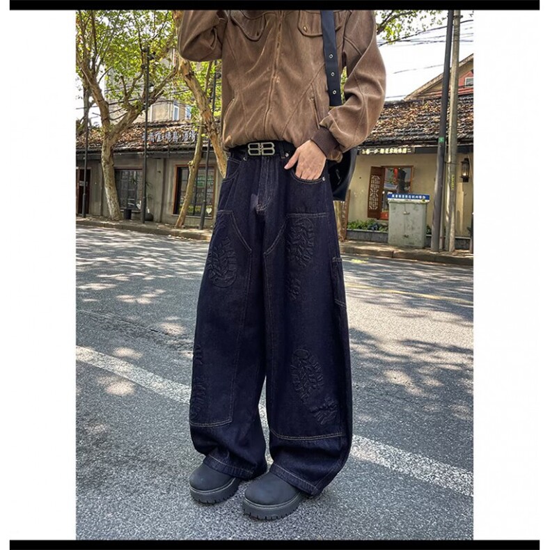 美式小众刺绣拼接重工亚比春季复古做旧微喇牛仔裤女拖地阔腿长裤,男装牛仔裤,星座506A