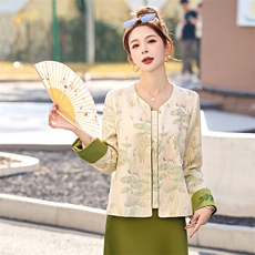 新中式国风外套女2025春秋新款今年流行超火小香风短款绿色花唐装，女装短外套，美沁
