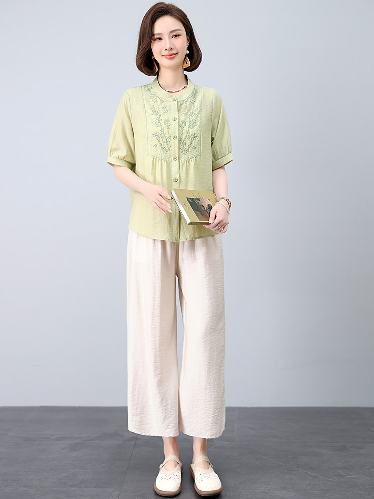 时尚套装夏季薄款2025新款苎麻上衣大方得体一整套超火亚麻两件套,女装套装/套裙,江忆布依