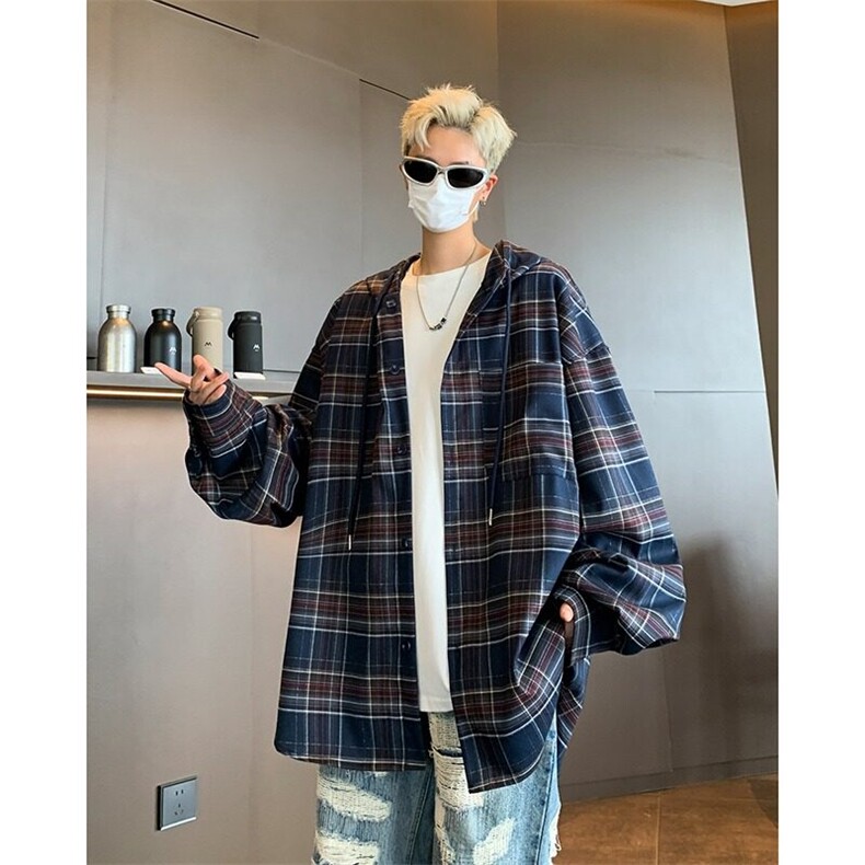 DDC21-P65早秋美式百搭格子衬衫宽松复古连帽衬衣外套宽松男女款,男装衬衫,星座603-2
