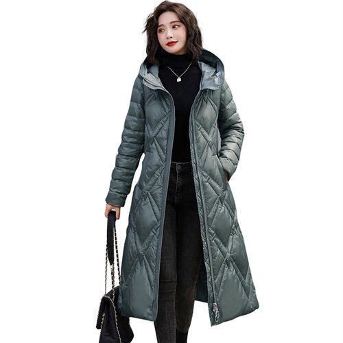 中长款系带羽绒服女2023冬季新款韩版连帽长袖保暖修身中长款外套图片
