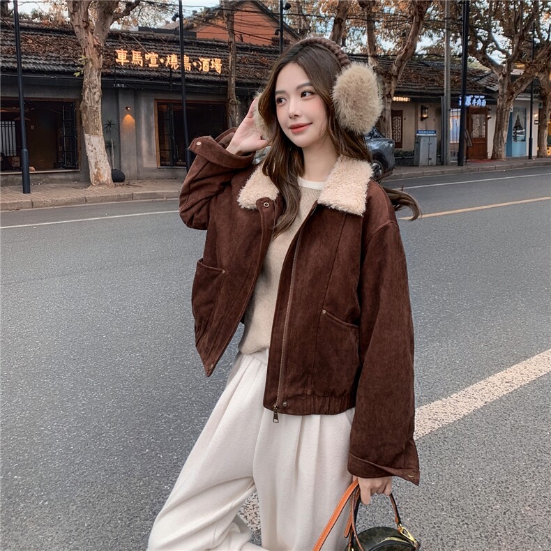 羊羔毛翻领加绒加厚皮毛一体上衣冬复古高级感麂皮绒外套，女装羊羔毛/颗粒绒，2C218