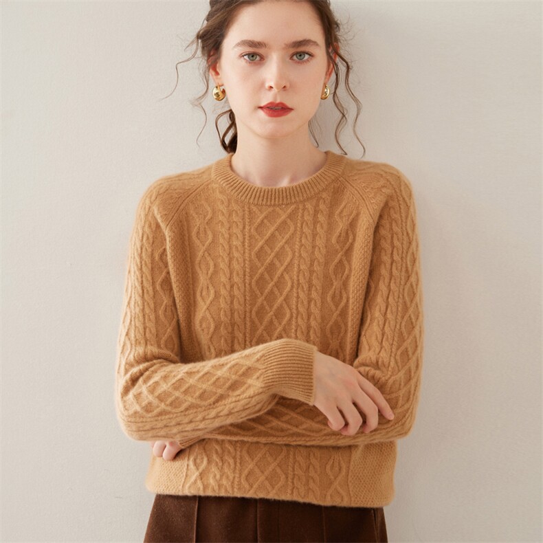 秋冬新款90%羊毛扭花圆领毛衣显瘦保暖女士针织衫，女装羊毛衫，九嘉羊绒