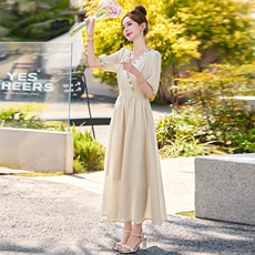 温柔风连衣裙女2025夏季新款法式高级感气质收腰显瘦V领长款裙子，女装连衣裙，韩宇舍