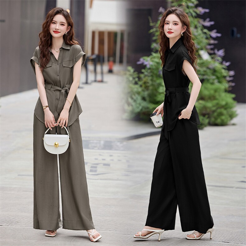 2025夏季新款韩版高级感时髦洋气系带翻领衬衫阔腿裤休闲两件套女，女装套装/套裙，鑫鑫美