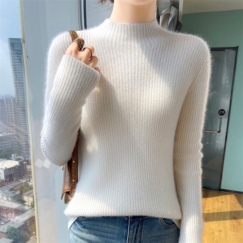 秋冬新款一线成衣半高领女100羊毛针织打底衫修身加厚毛衣，女装羊毛衫，美轩羊绒