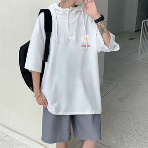 LD54059-P45 连帽短袖t恤男大码胖子带帽五分袖中袖图片