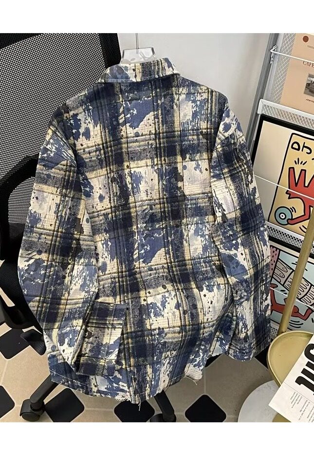 2024扎染喷漆长袖格子毛呢衬衫格纹百搭衬衣C304-P51,男装衬衫,星座313A-2