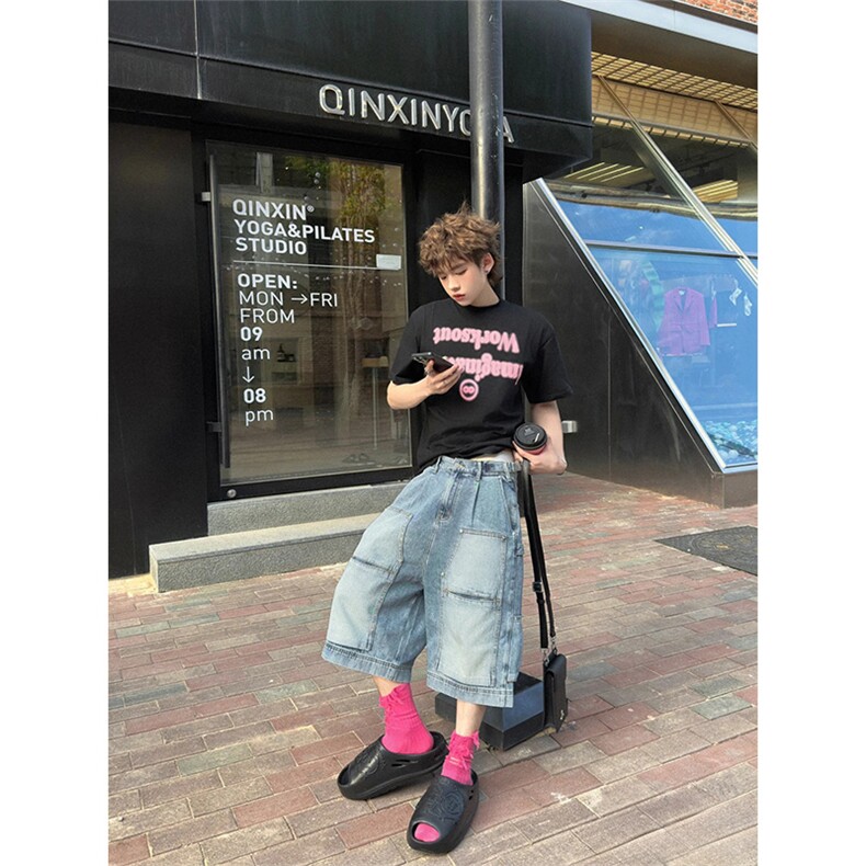 美式高街工装牛仔短裤男复古百搭宽松直筒中裤七分裤A3125-特P45,男装牛仔裤,星座1004-3