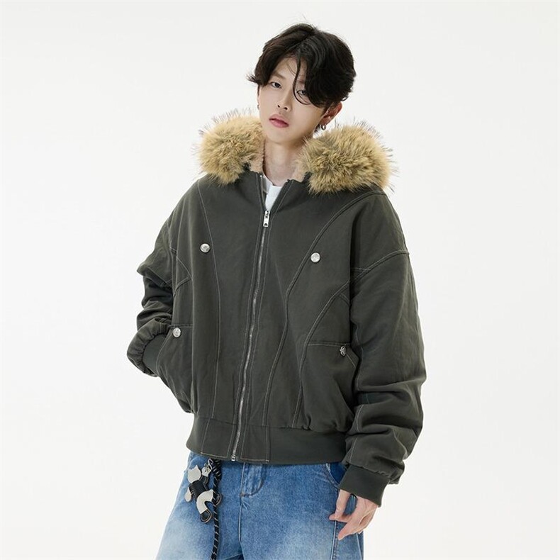 现货重磅boxy短款棉衣座山雕大毛毛领男女棉服水洗工装厚外套，男装棉衣，电商A443