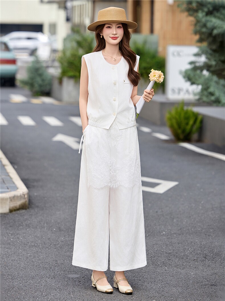 现货轻熟风气质套装女2026夏季麻料薄款西装马甲上衣阔腿裤两件套,女装套装/套裙,艾仟回(原伊仟回)