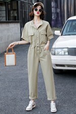 立领连衣裤2021夏装新款简约时尚百搭工装风抽绳收腰显瘦连体裤女，女装连体裤，辉之琳