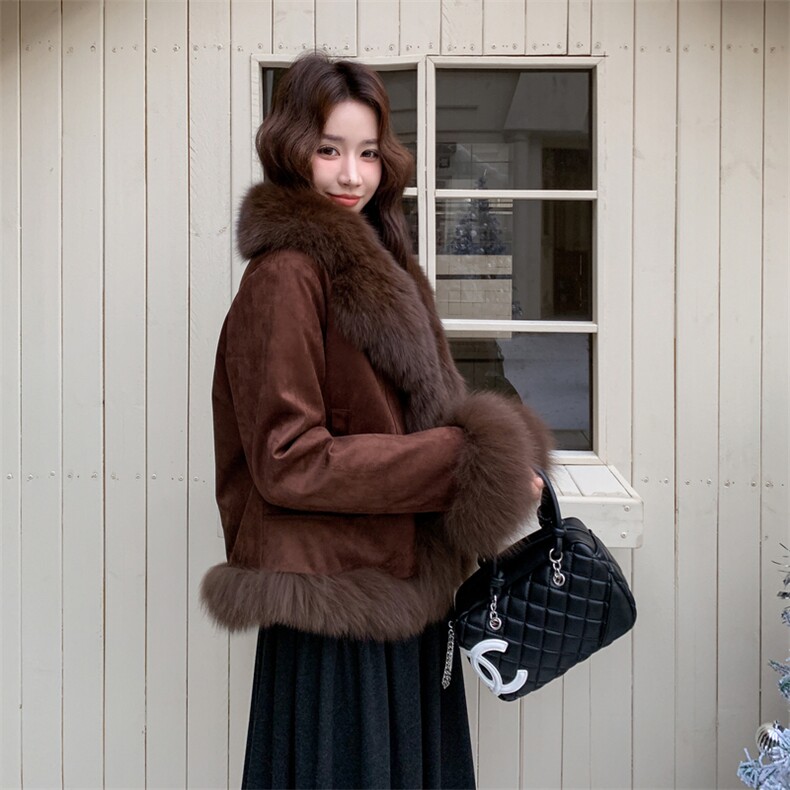 现货90白鸭绒羽绒服女2025冬新款鹿皮绒时尚洋气显瘦保暖外套，女装派克服，韩然一族