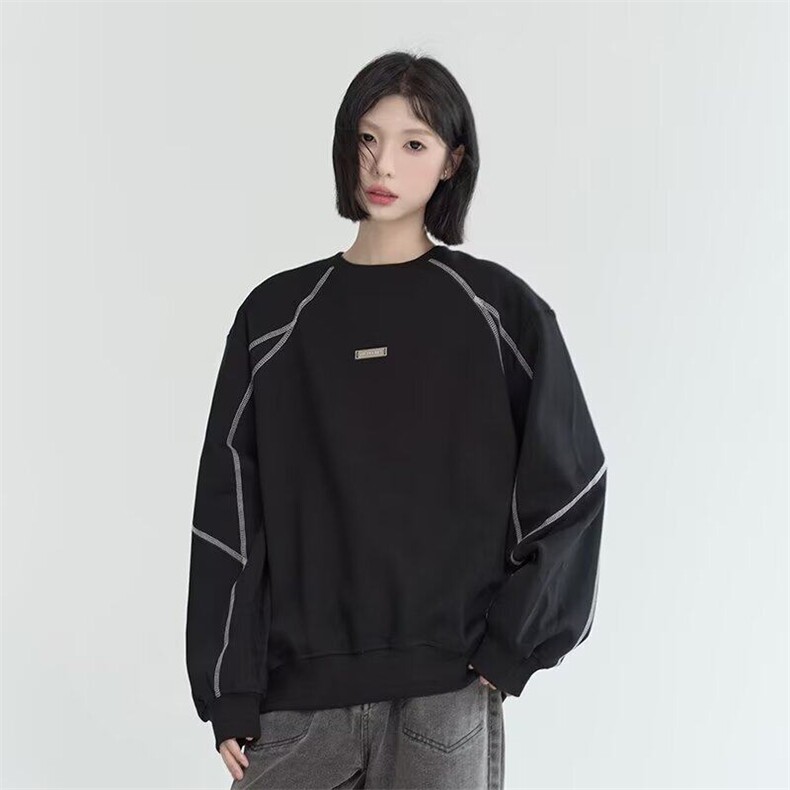 W9521-P60 网图现货 新款美式高街明线重磅垫肩卫衣运动休闲上衣图片