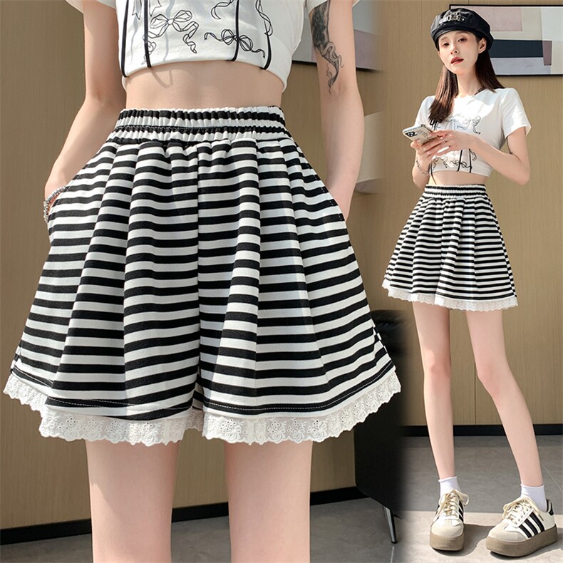 条纹蕾丝边拼接松紧高腰阔腿裤女2024夏季休闲裤韩版百搭短裤，女装短裤/热裤，梦白服饰厂