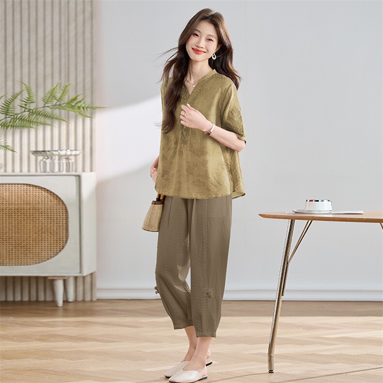 LIGHTMATURE半袖上衣女高端亚麻t恤女宽松短款2025新款白色短袖，女装套装/套裙，3200格调