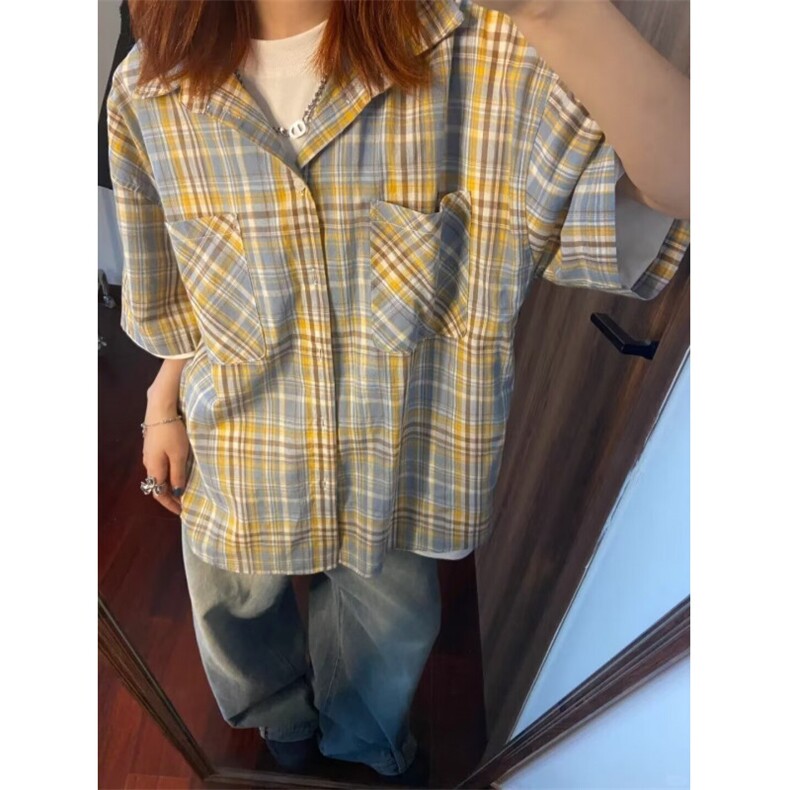 五分袖翻领潮纯色夏季标准美式复古磨毛格纹短袖衬衫CSK5221,男装T恤,星座516A