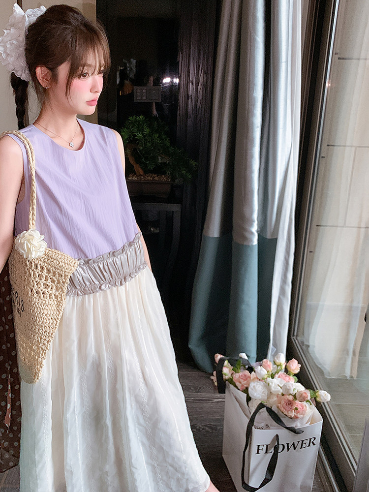 设计感拼接无袖连衣裙女2025夏季新款韩系甜美宽松小个子背心裙潮,女装连衣裙,浙宝305