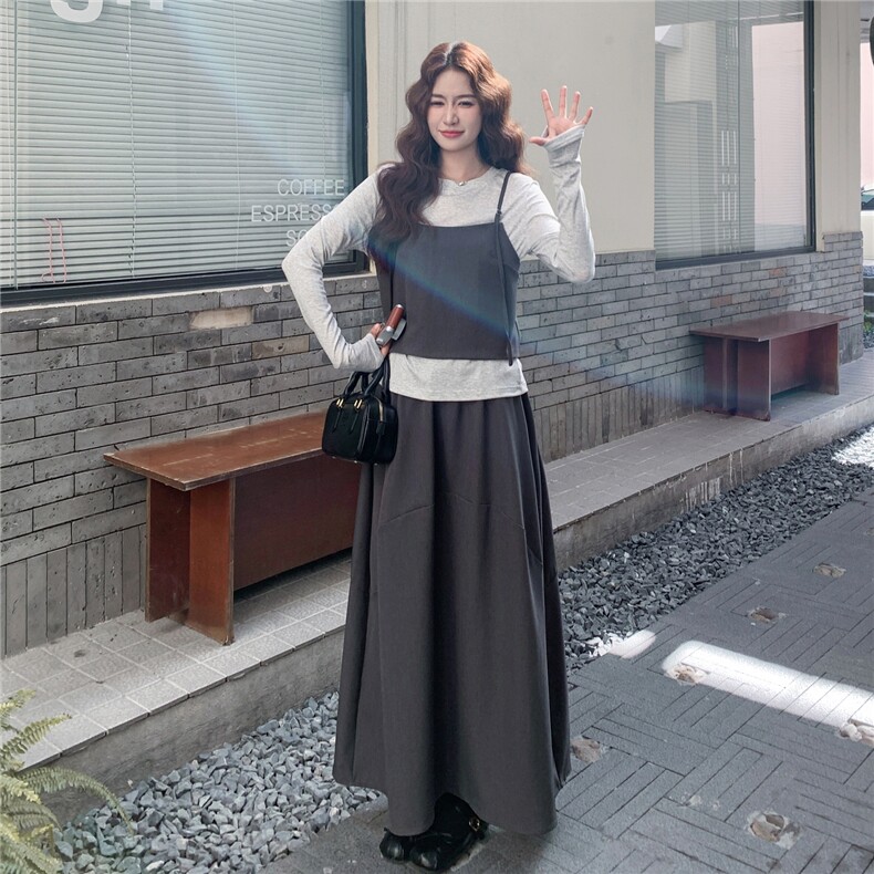 灰色日系温柔学院风套装女2025秋季简约百搭吊带T恤半身裙三件套,女装套装/套裙,2C239