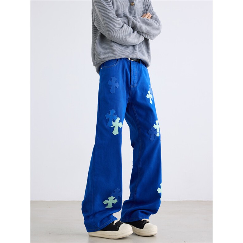 美式十字架牛仔裤重工刺绣贴皮男女同款宽松百搭阔腿长裤N748-P58，男装皮裤，星座308B-2