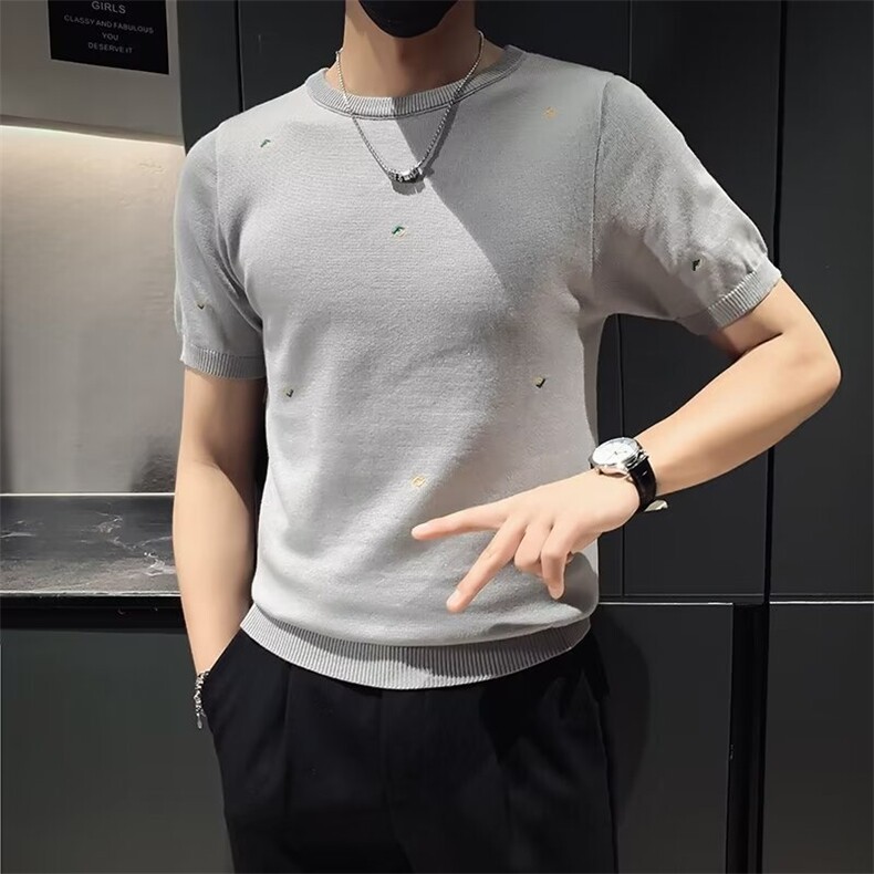 男士绣花针织衫半袖时尚圆领紧身半截袖丝光棉短袖毛衣M865,男装针织衫/毛衣,星座1116A-2（原606A-1）