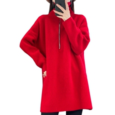 中长款100%纯羊毛衫女半开拉链加厚长袖毛衣宽松羊绒衫针织打底衫，女装连衣裙，若菲羊绒