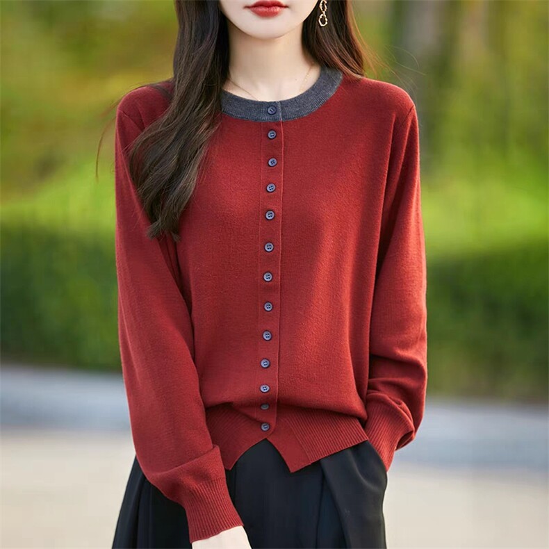 秋冬100%纯棉针织衫女圆领拼色纽扣长袖毛衣宽松开叉套头打底上衣，女装针织衫/毛衣，昂家羊绒