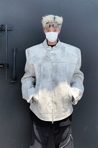 秋季新款港风美式原版PU皮喷墨工艺有垫肩立领夹克男 JK1387-P80图片