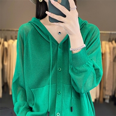 连帽针织长袖开衫防晒衣女洋气减龄薄款外套百搭空调罩衫纯色上衣，女装针织衫/毛衣，秋虹羊绒