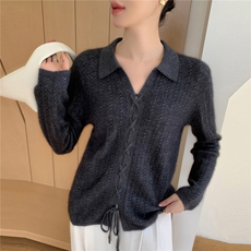 气质设计感系带polo领山羊绒衫女显瘦绑带毛衣秋冬新款针织衫羊毛，女装羊绒衫，牧群羊绒
