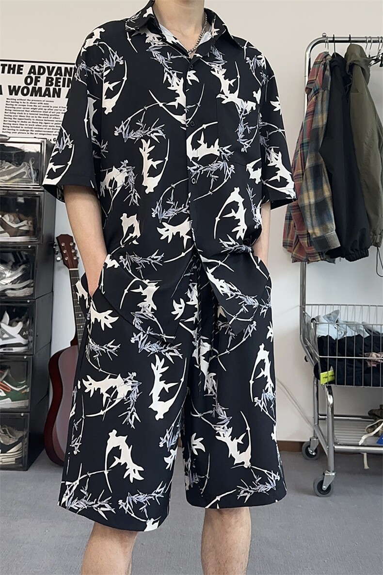 套装男女款夏季宽松泼墨短袖衬衫痞帅休闲短裤两件套TZ103-P43,男装衬衫,电商A178