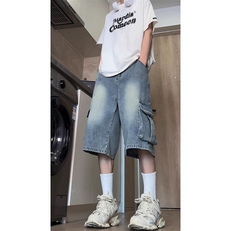 L503工装牛仔短裤男休闲中裤男生宽松大码五分裤子男款,男装牛仔裤,星座308A-1（原309B-1）