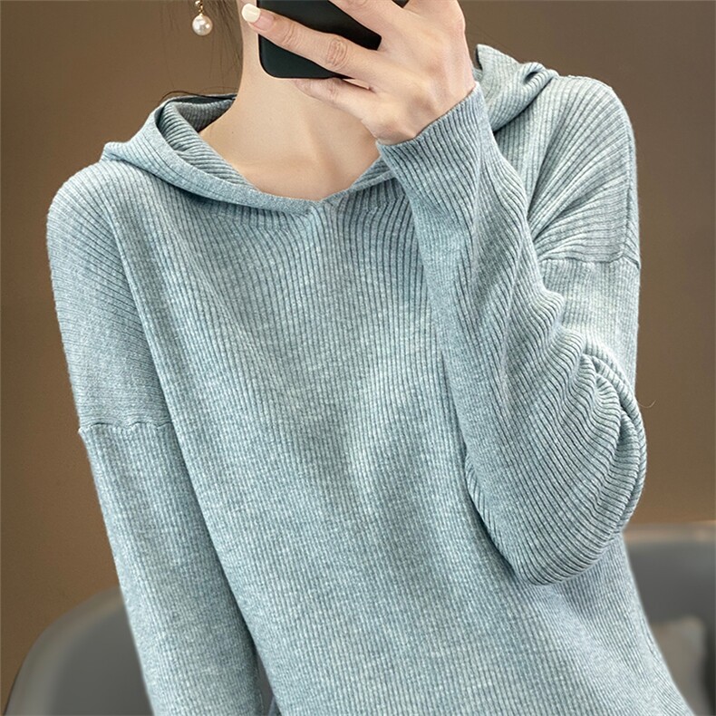 秋冬季通勤休闲精纺48支33%羊毛修身帽衫,女装羊毛衫,朝思羊绒