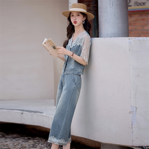 欧货蕾丝拼接牛仔套装女2025夏季新洋气减龄上衣阔腿七分裤两件套图片