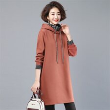 2022年绣花抽绳连帽简约套头中长款加绒卫衣，女装卫衣/绒衫，依倍林