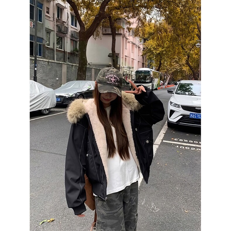 现货重磅boxy短款棉衣座山雕大毛毛领男女棉服水洗工装厚外套,男装棉衣,电商A486