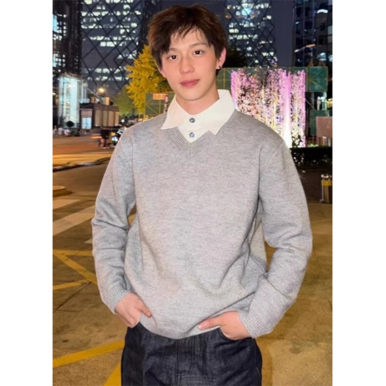 老钱风灰色假两件衬衫领针织衫男秋冬休闲V领毛衣内搭M8819,男装针织衫/毛衣,星座1116A（原606A-3）