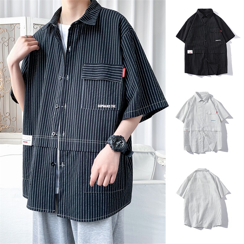 货足8XL-M 条纹工装衬衫男2023夏季新款美式胖子短袖衬衣加肥加大图片