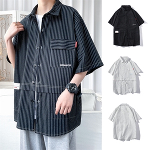 货足8XL-M 条纹工装衬衫男2023夏季新款美式胖子短袖衬衣加肥加大图片