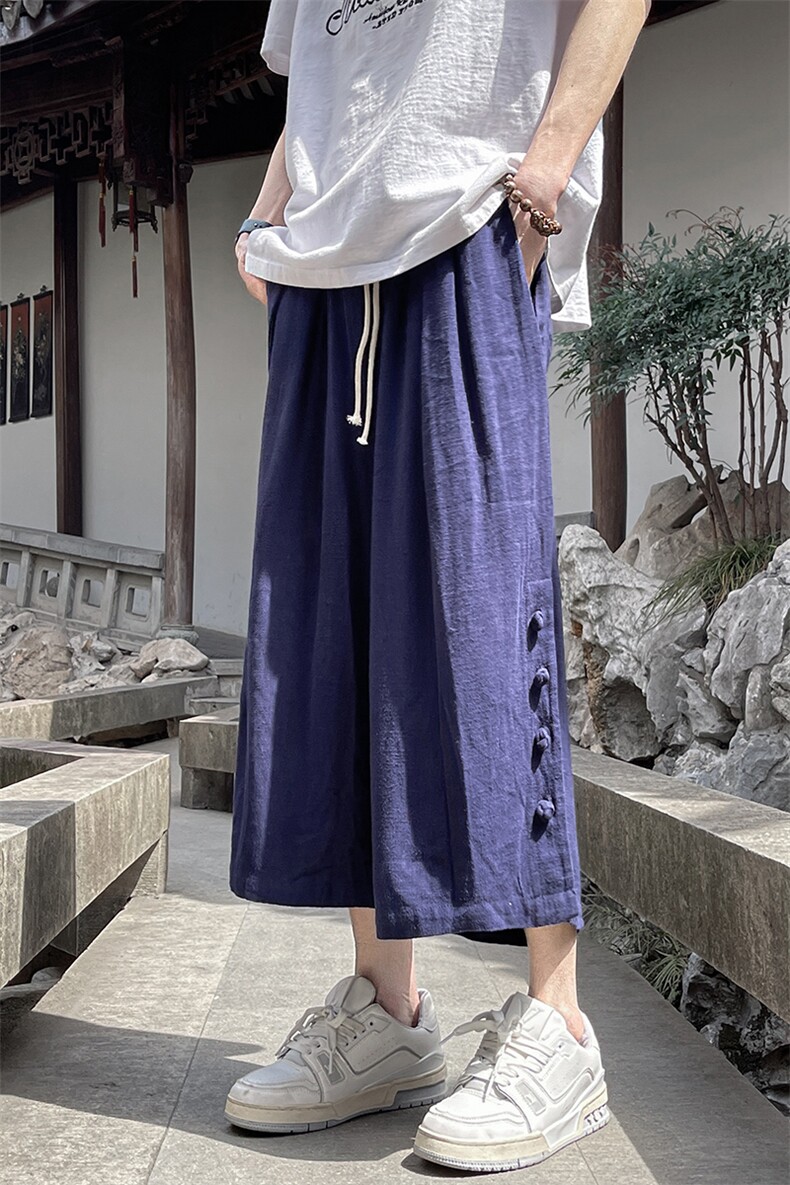 8XL-M新中式亚麻裤男七分裤阔腿裤垂感休闲短裤风棉麻K966P45,男装牛仔裤,电商D206-1