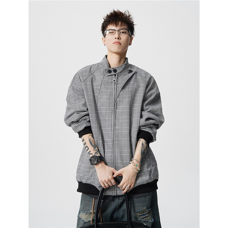 JK2565-特P75控14898%聚酯纤维2氨纶设计外套男流拉链格子夹克男,男装夹克,电商B370