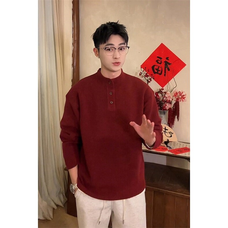 网图76313-P70本命年红色亨利领毛衣男款秋冬季轻熟风针织衫,男装针织衫/毛衣,电商D310B