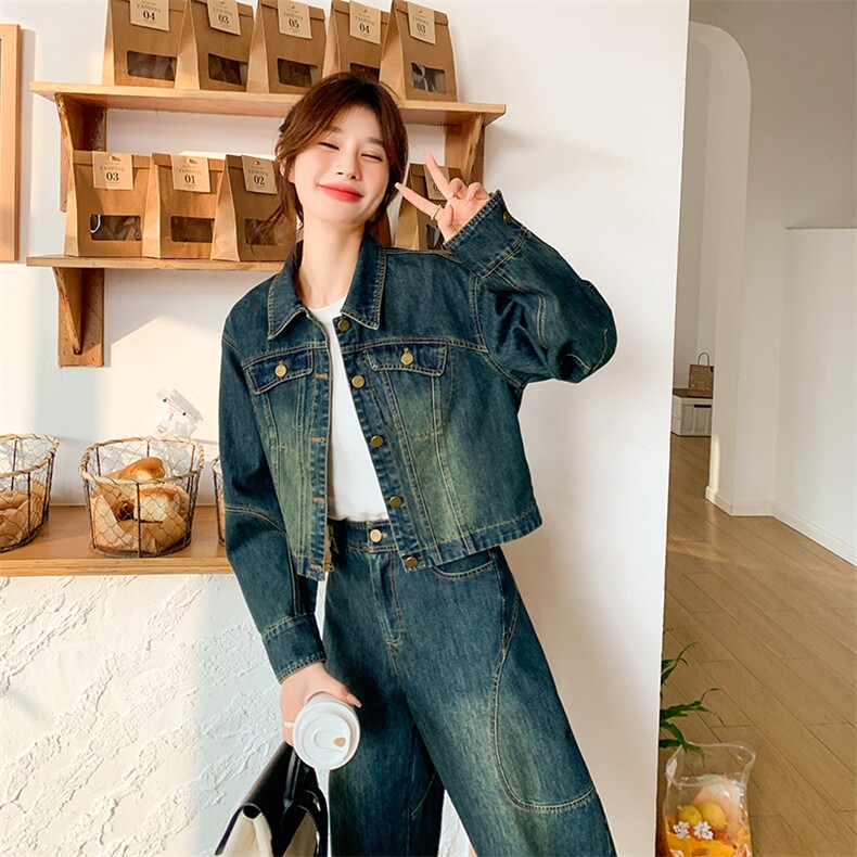 牛仔套装女2024春秋新款炸街休闲工装短款外套两件套,女装套装/套裙,点滴