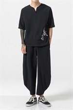 2021夏季日系棉麻短袖九分裤套装男中式两件套QT6005-TZ05-P90，男装套装，星座1112-5（原712-5）