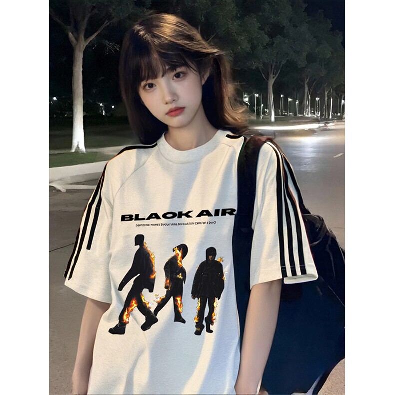 抖音得物高品质二开240克宽松纯棉美式潮牌三条杠织带短袖T恤,男装T恤,电商A486-1
