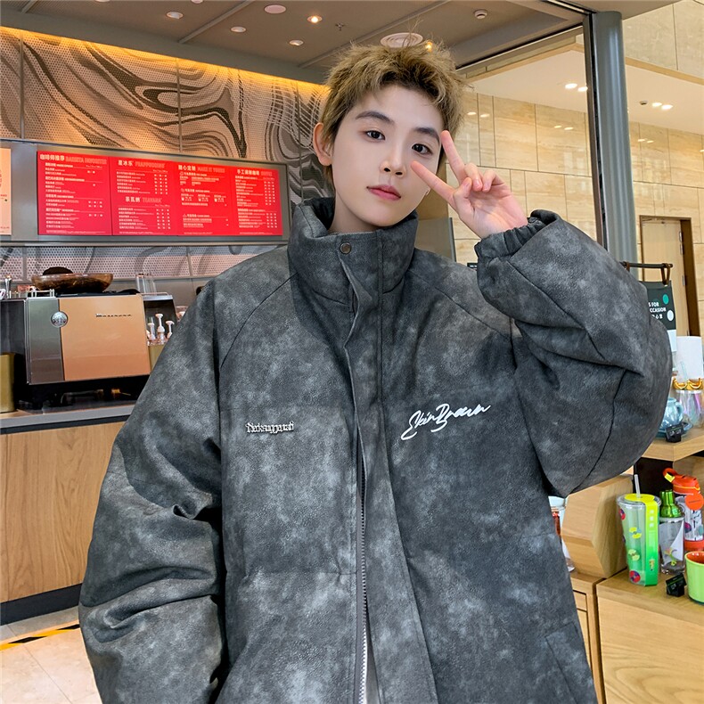 港风立领PU皮复古做旧金属印花字母设计棉衣男MY77732P130控178，男装棉衣，星座227-7