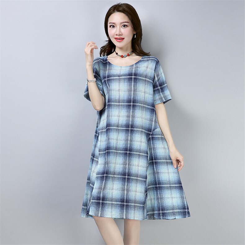连衣裙中长款短袖2021年夏季圆领套头口袋印花A型格子宽松腰A字裙，女装连衣裙，独衣靓