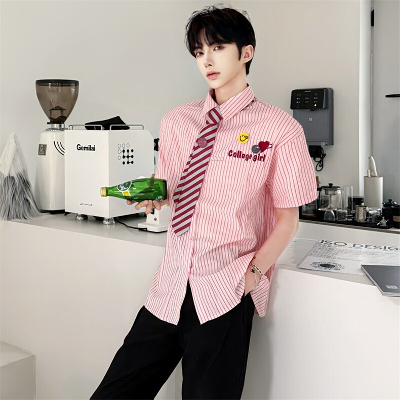 （）学院风竖条纹衬衫春季甜美宽松领带短袖上衣5067-P55,男装衬衫,星座910-5